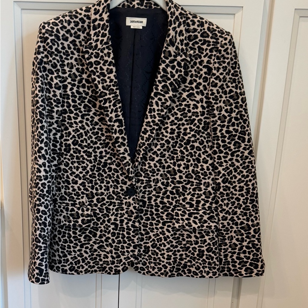 Zadig & Voltaire Black and Cream Leopard Blazer. Size 40